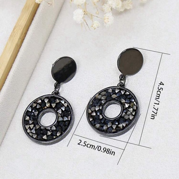 Black Round Circle Dangle Earrings - Picture 5 of 7